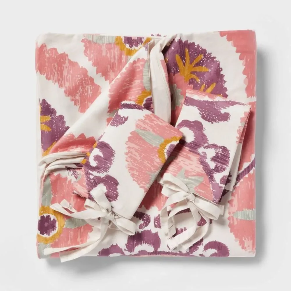 Open Box - Full/Queen Boho Suzani Print Duvet Cove Ivory/Salmon Orange/Plum